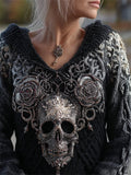 Elegant Skull & Roses Beaded Hooded Cozy Knit Sweater artswardrobe