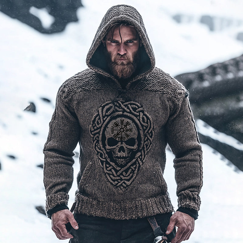 Men's Viking Tribal Skull Runes Retro Knit Hooded Sweater artswardrobe
