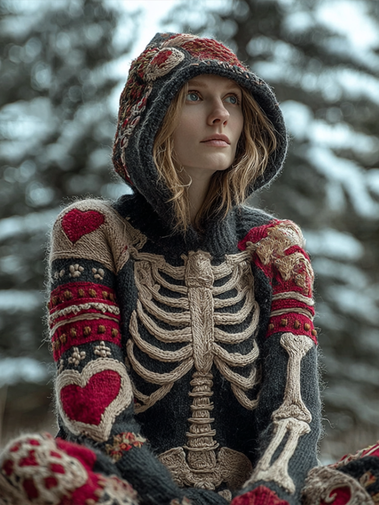 Halloween Skeleton Bone Pattern Design Women's Knit Hooded Sweater artswardrobe