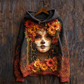 Day Of The Dead Sugar Skull Woman Flowers Lace Fiber Art Cozy Knit Hooded Sweater artswardrobe