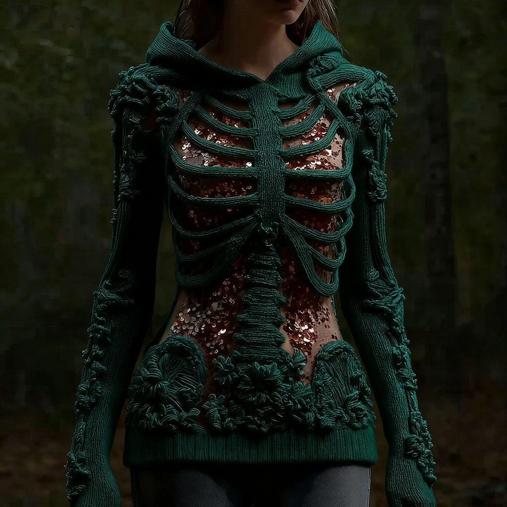 Halloween Skull Floral Knitted Warm Hooded Sweater artswardrobe