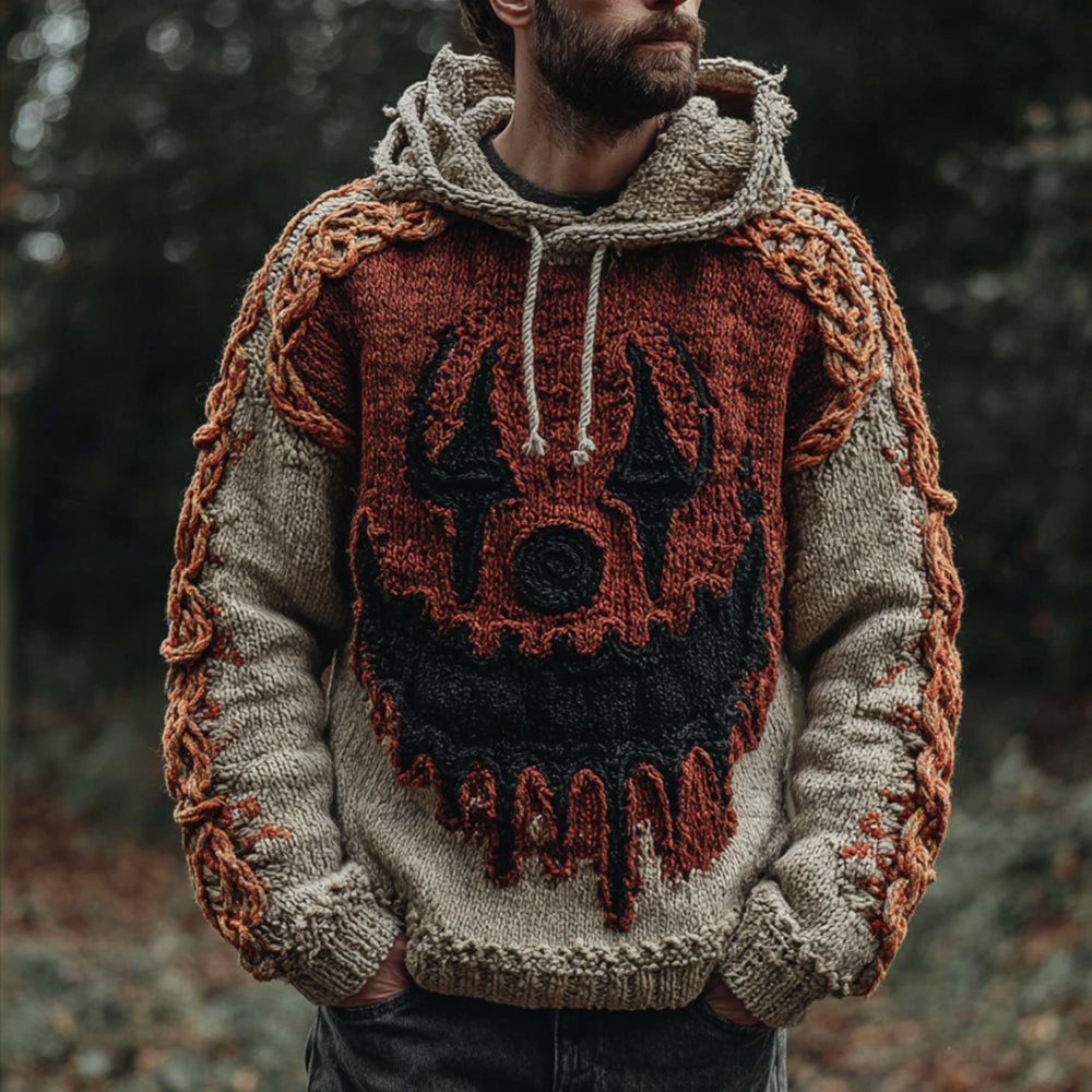 Men's Halloween Devil Smiling Face Color-blocked Warm Knitted Hooded Sweater artswardrobe