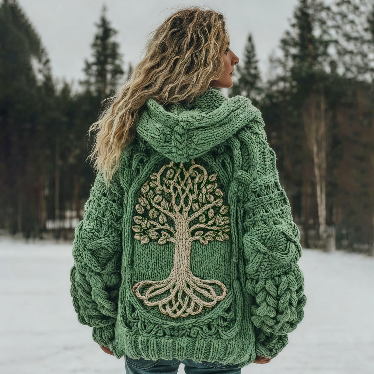 Women's Vintage Viking Tree Of Life Cozy Knit Hooded Sweater artswardrobe