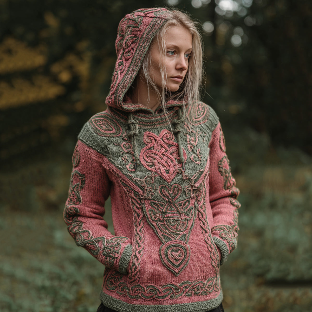 Women's Celtic Knot Pattern Jacquard Cozy Knit Hooded Sweater artswardrobe